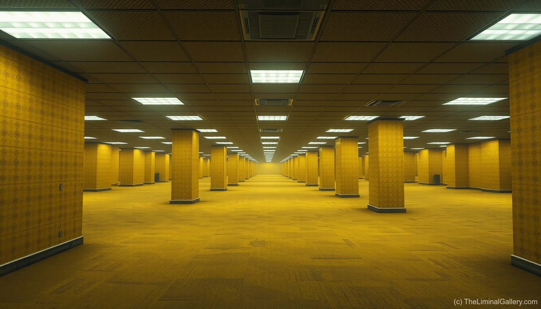 An eerie scene of repeating pillars in Level 0, The Lobby, evoking the unsettling and infinite geometry of the Backrooms.